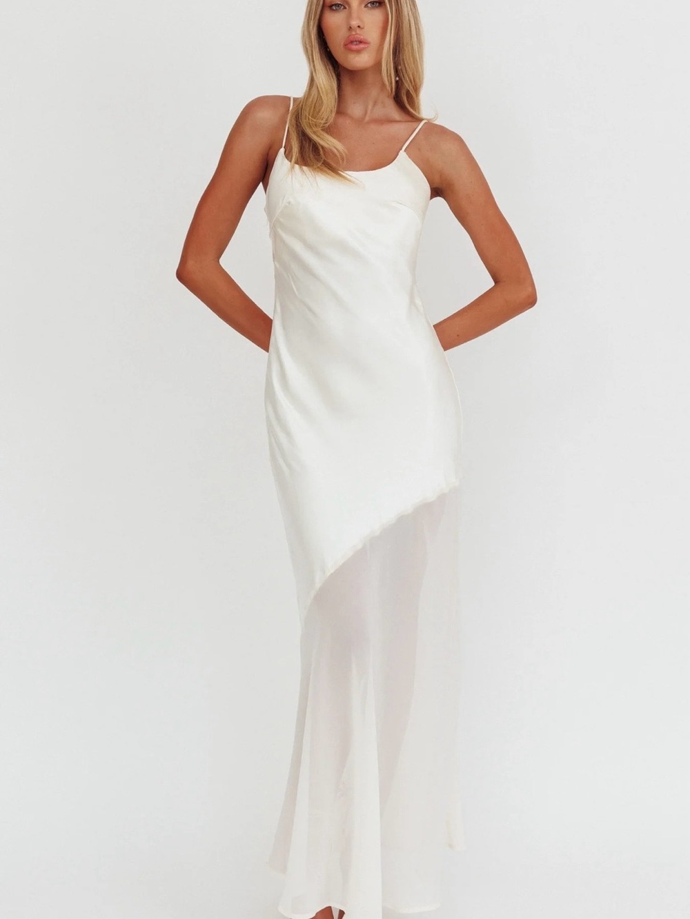 Selfie Leslie One-Shoulder Ivory Slip Gown with Sheer Asymmetric Skirt